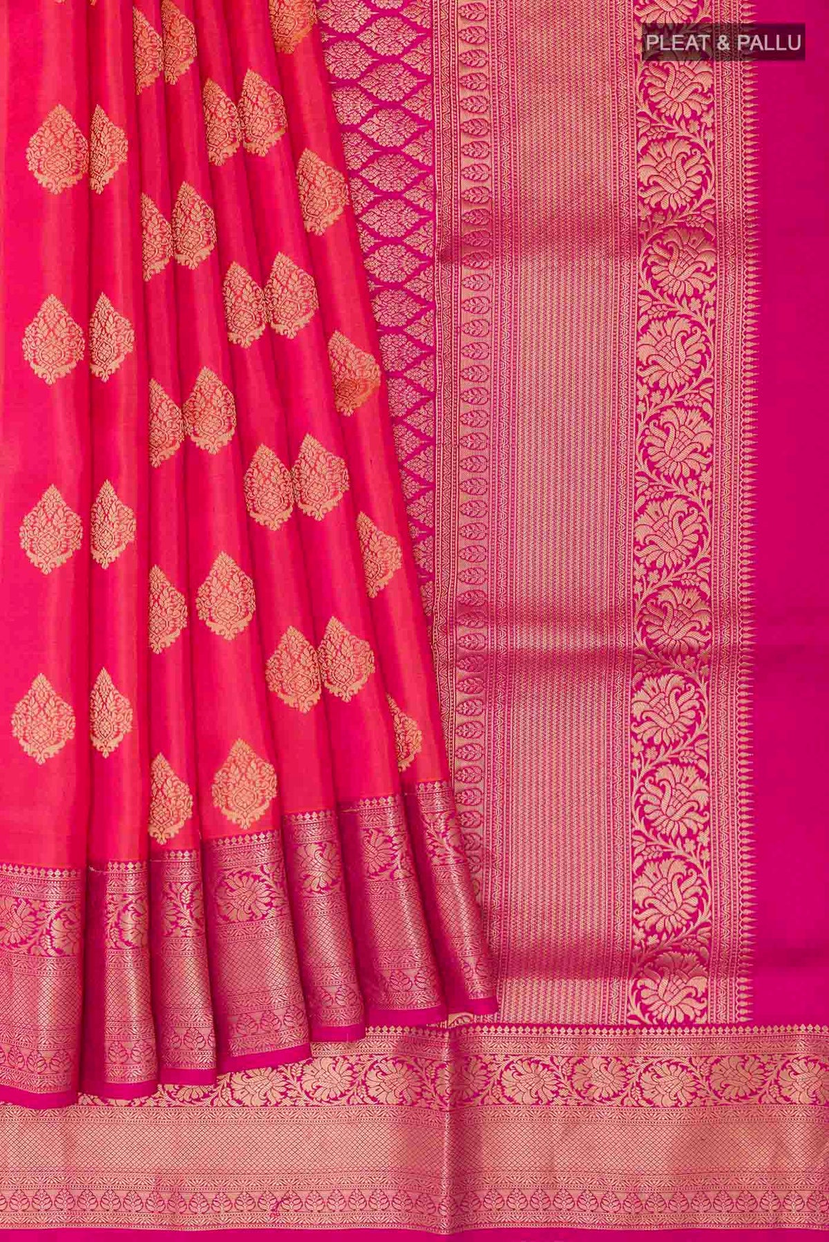 Pleats and pallu of Pink Dual Tone Soft Silk Saree with Zari Butta on the body and Zari Border