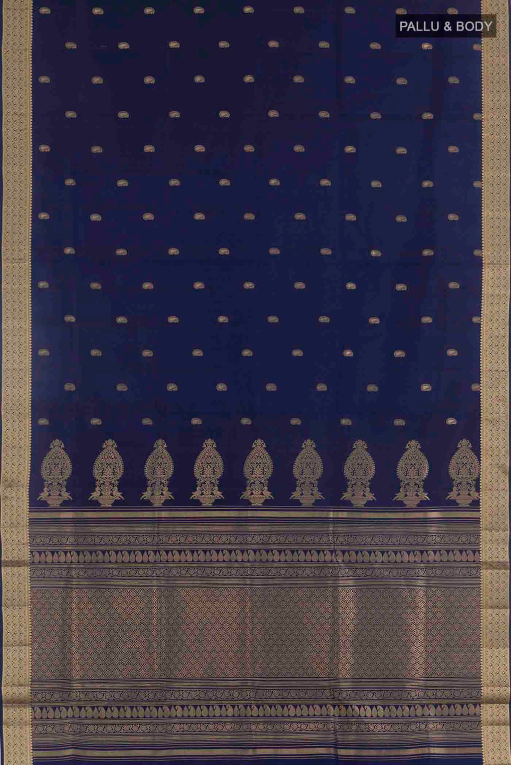 Flat view of Blue Soft Silk Saree with Zari Butta on the body and Zari Border