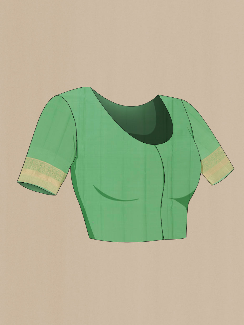 Close up image of the blouse of Light Green Soft Silk Saree with Zari Butta on the body and Zari Border. 