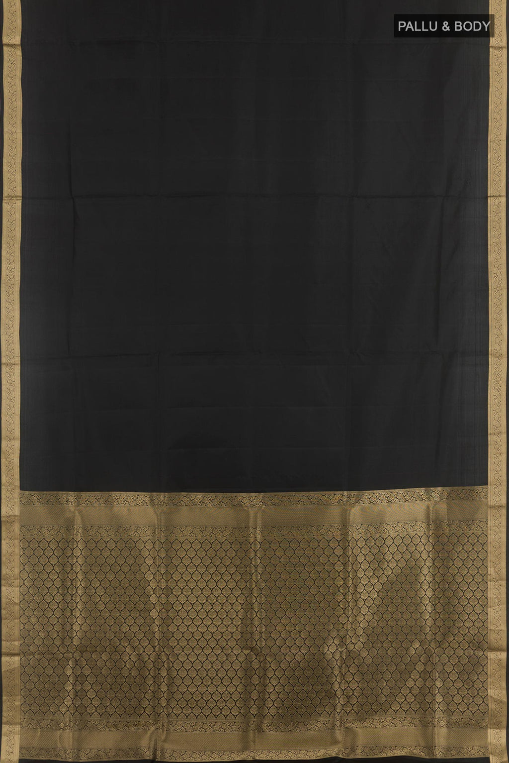 Flat view of Black Soft Silk Saree with Plain Body and Zari Border. 