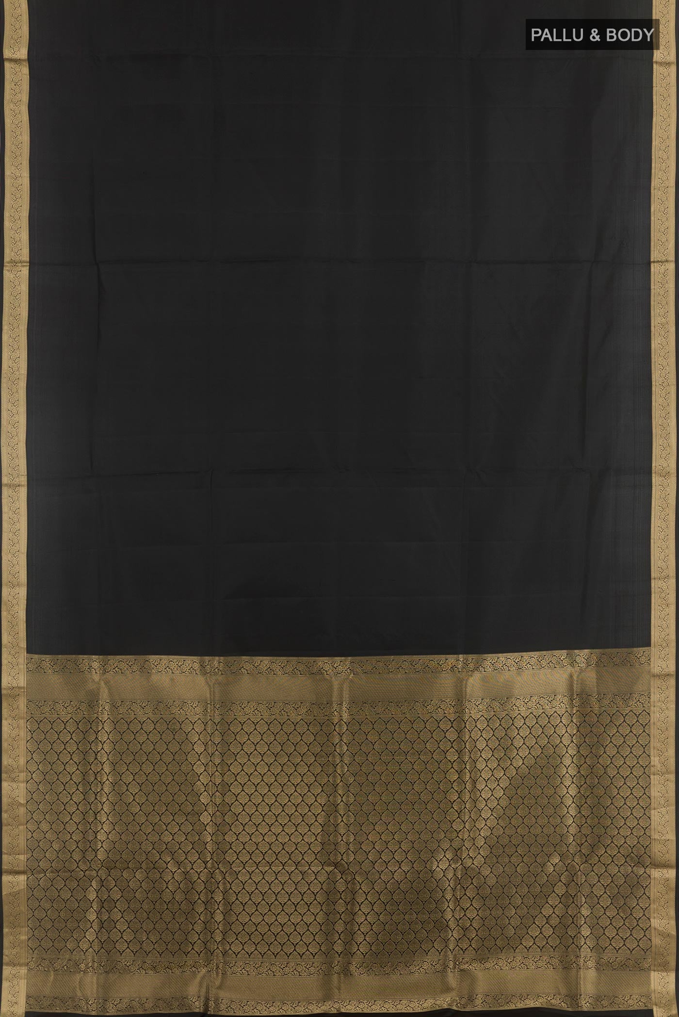 Flat view of Black Soft Silk Saree with Plain Body and Zari Border. 