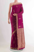 Purple Soft Silk Saree with Zari Butta on the body and Zari Border displayed on a mannequin