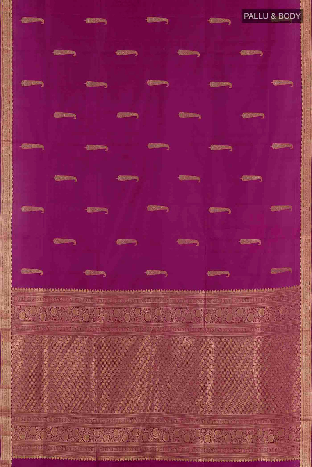 Flat view of Purple Soft Silk Saree with Zari Butta on the body and Zari Border