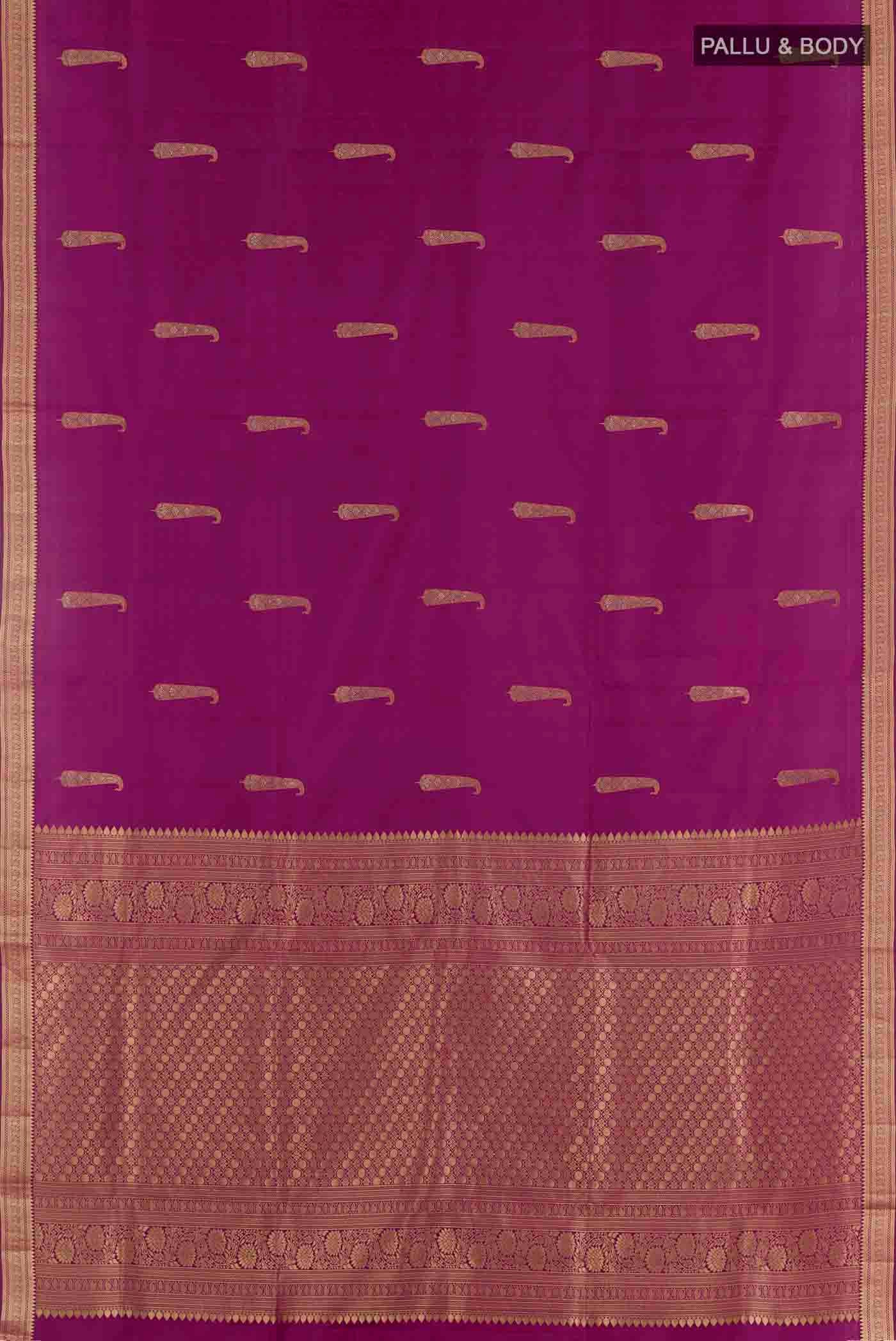 Flat view of Purple Soft Silk Saree with Zari Butta on the body and Zari Border