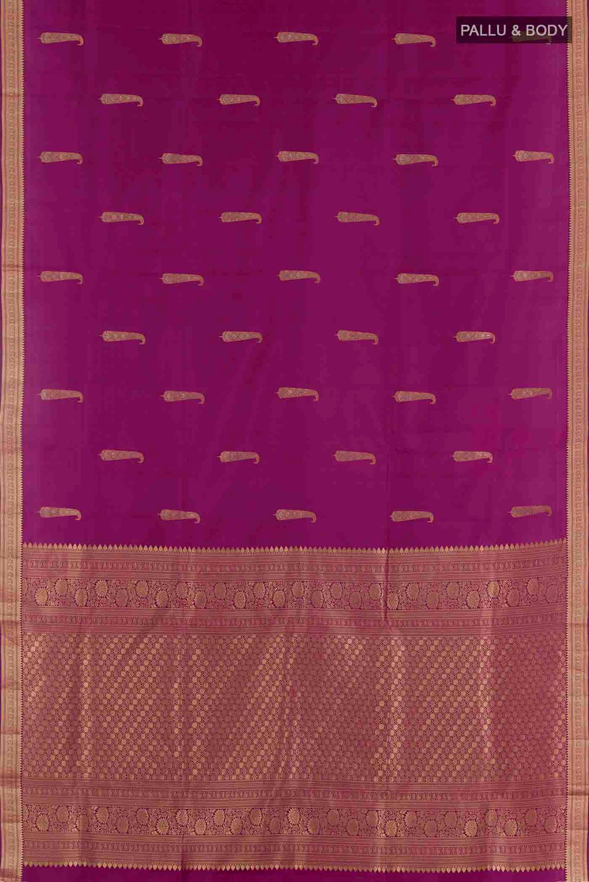 Flat view of Purple Soft Silk Saree with Zari Butta on the body and Zari Border