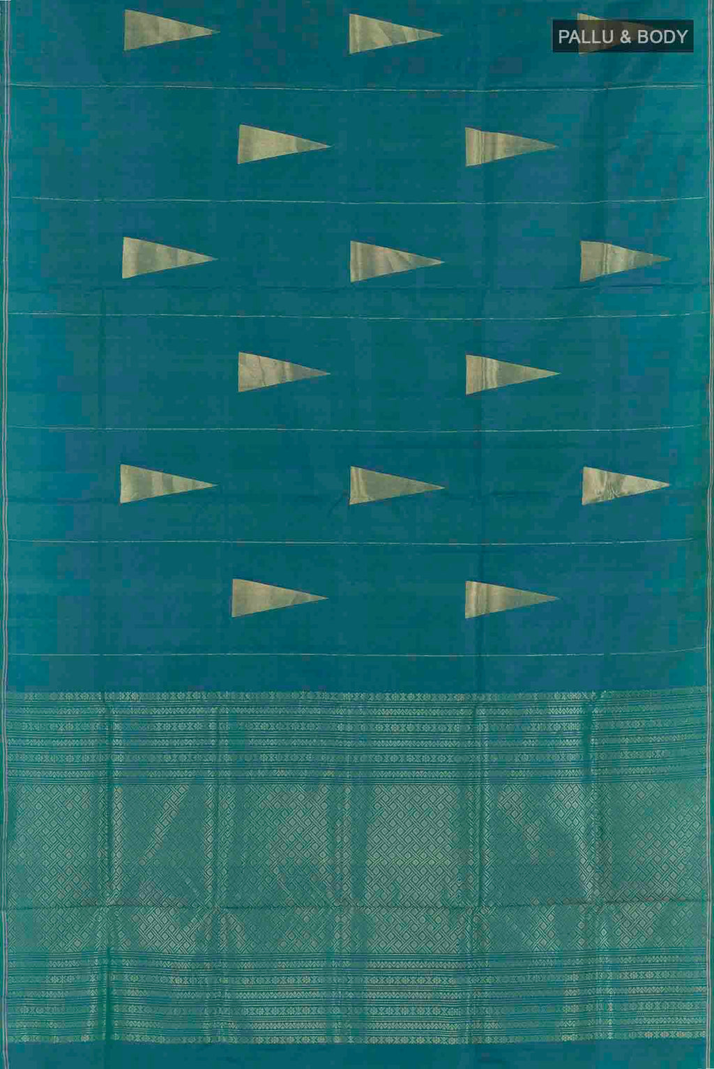 Flat view of Peacock Blue Soft Silk Saree with Zari Butta on the body and Zari Border