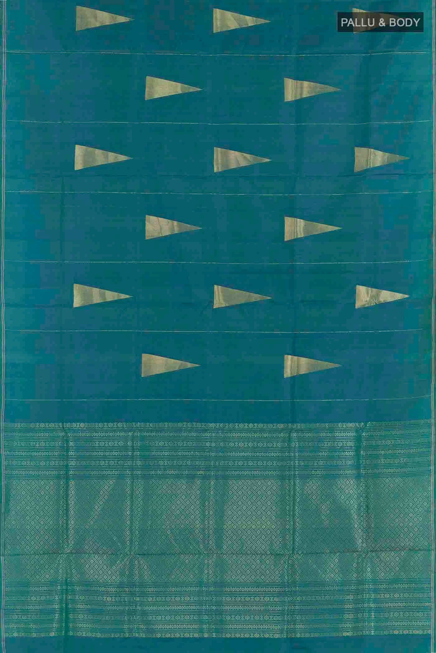 Flat view of Peacock Blue Soft Silk Saree with Zari Butta on the body and Zari Border
