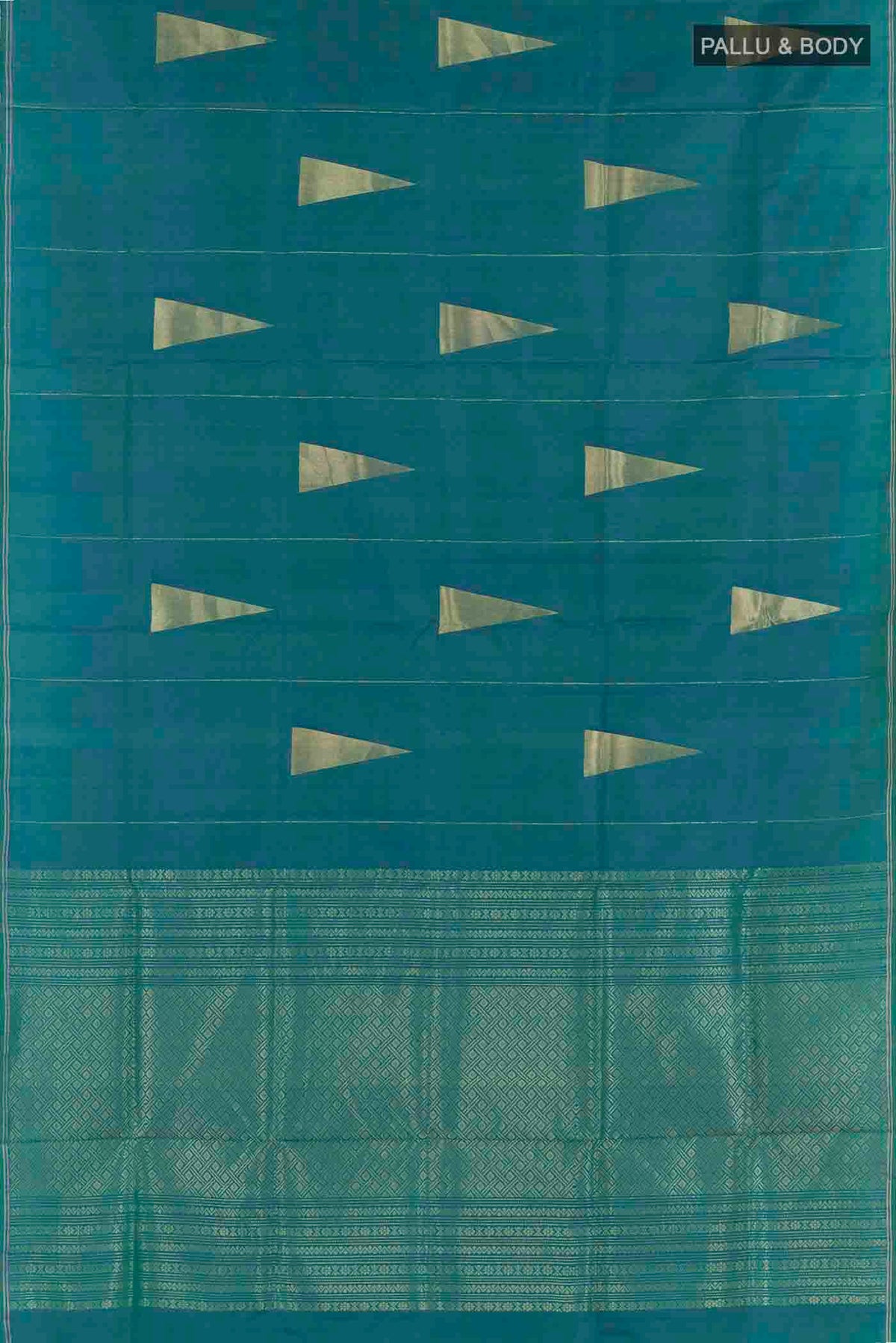 Flat view of Peacock Blue Soft Silk Saree with Zari Butta on the body and Zari Border