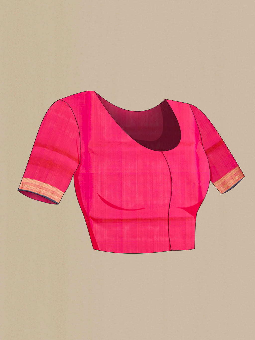 Close up image of the blouse of Pink Soft Silk Saree with Stripes on the body and Zari Border