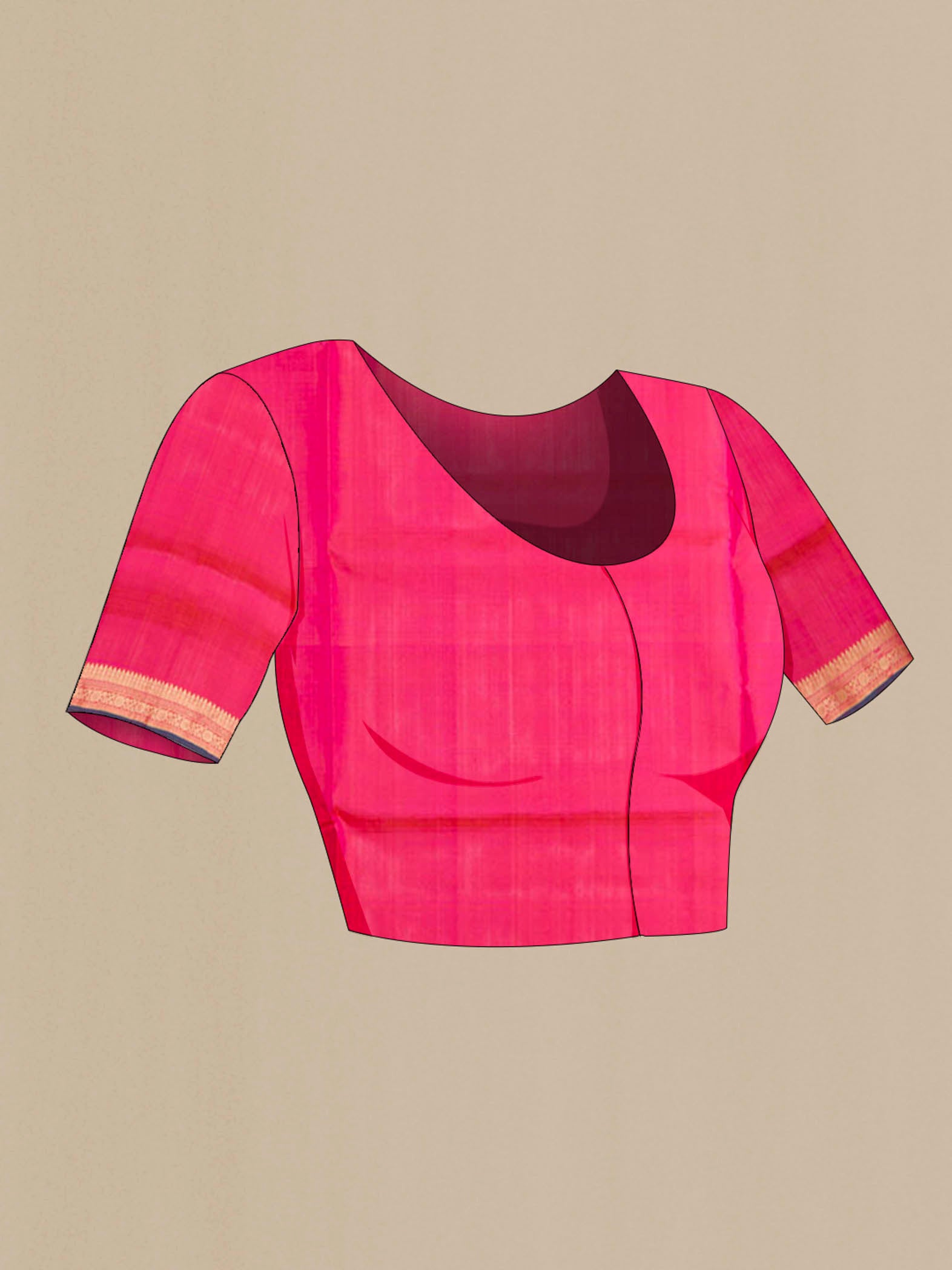 Close up image of the blouse of Pink Soft Silk Saree with Stripes on the body and Zari Border