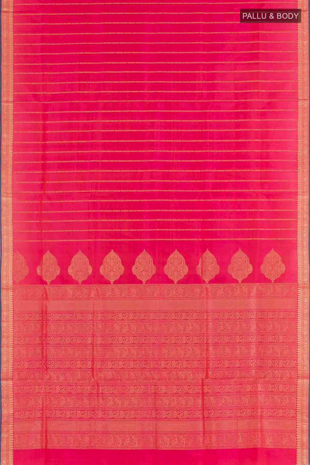 Flat view of Pink Soft Silk Saree with Stripes on the body and Zari Border