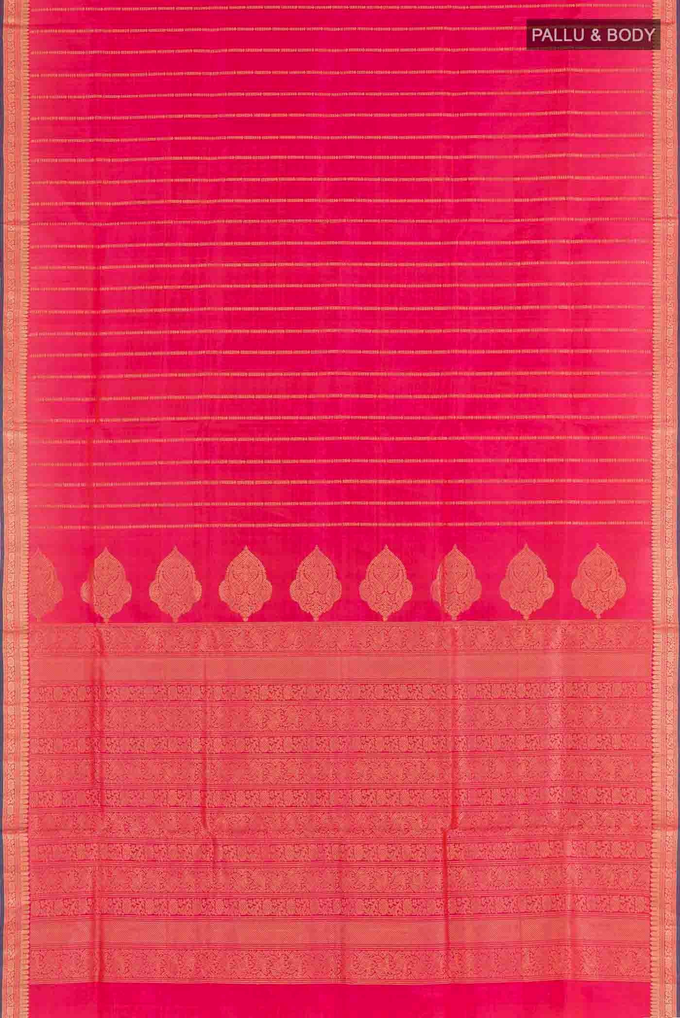 Flat view of Pink Soft Silk Saree with Stripes on the body and Zari Border