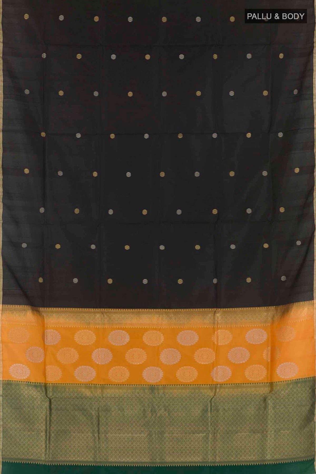 Flat view of Black Soft Silk Saree with Zari Butta on the body and Zari Border