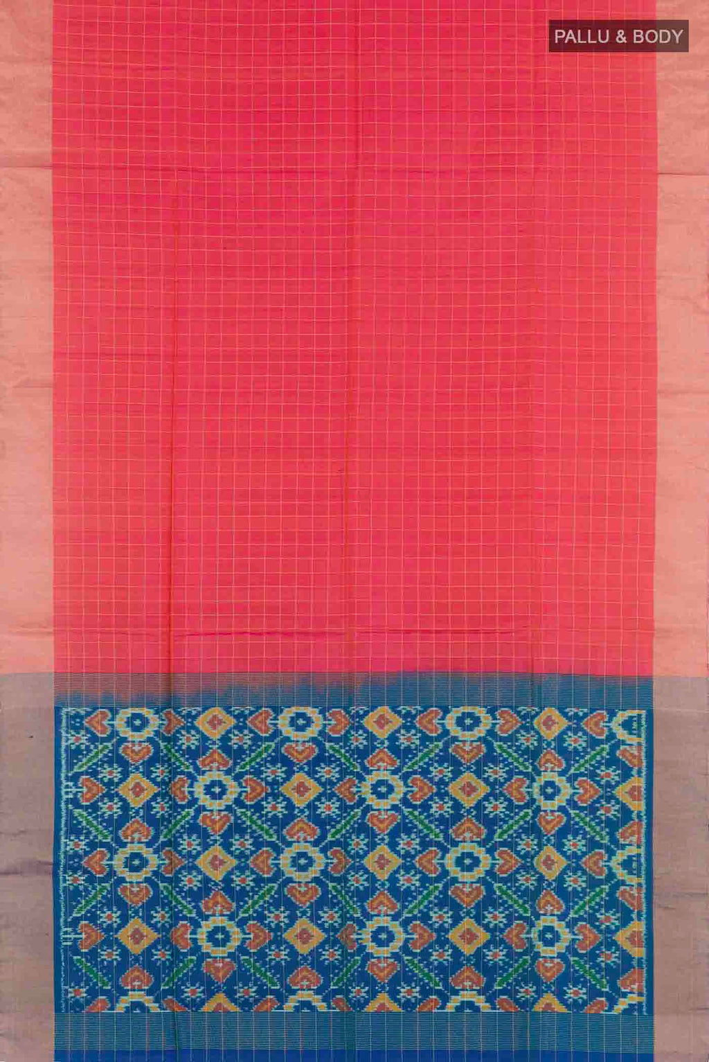 Flat view of Peach Soft Silk Saree with Checked design on the body and Zari Border
