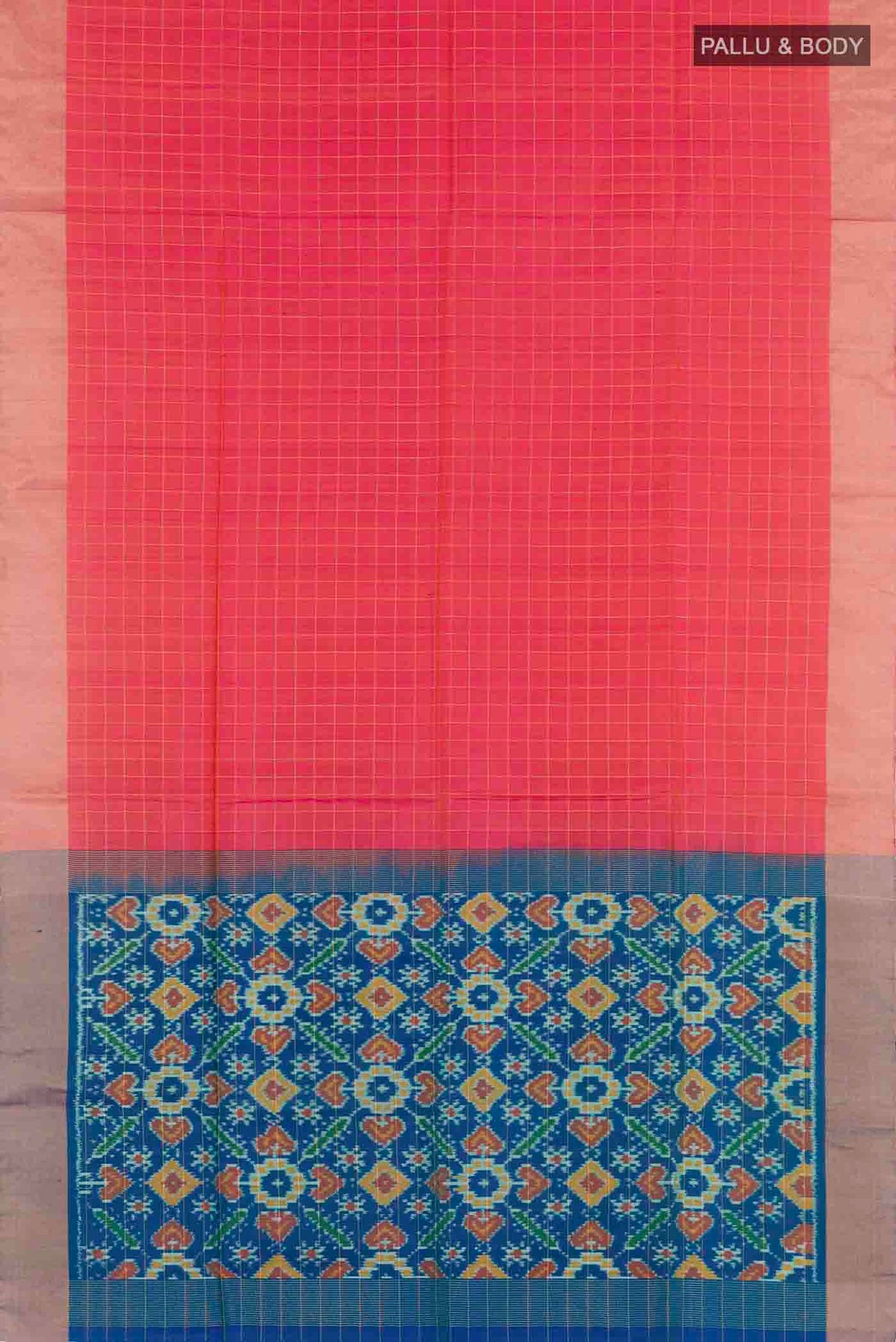 Flat view of Peach Soft Silk Saree with Checked design on the body and Zari Border