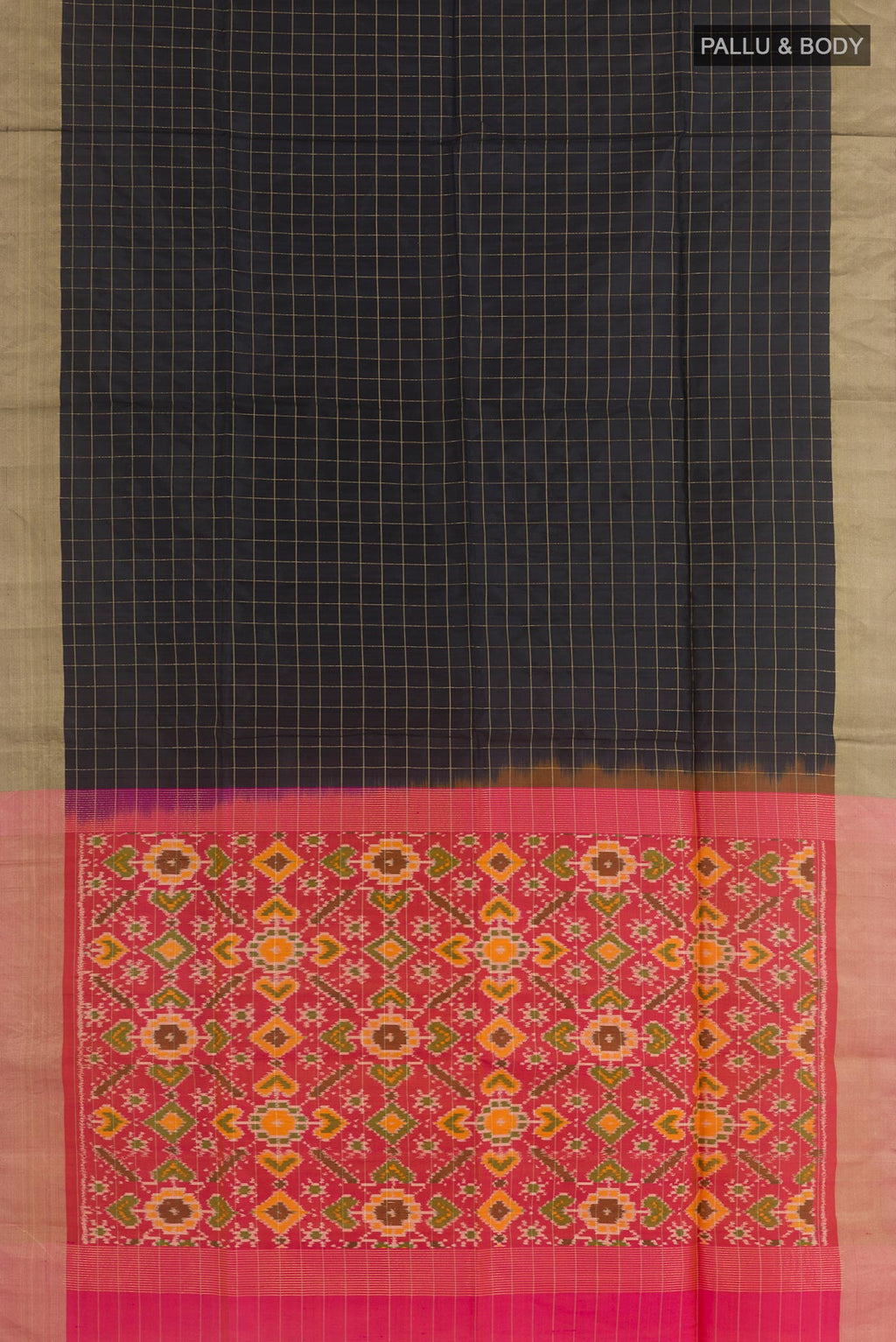 Flat view of Black Soft Silk Saree with Checked design on the body and Zari Border. 