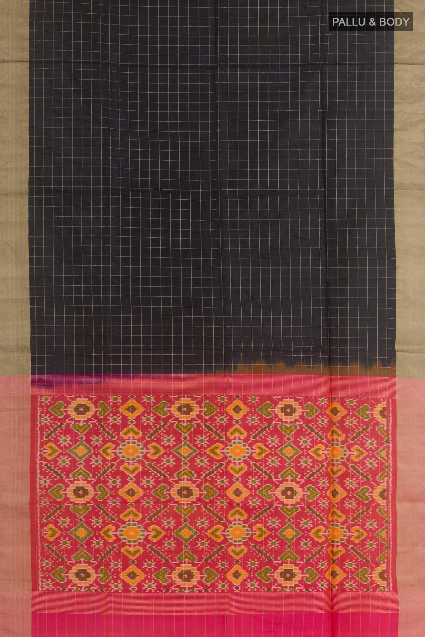 Flat view of Black Soft Silk Saree with Checked design on the body and Zari Border. 