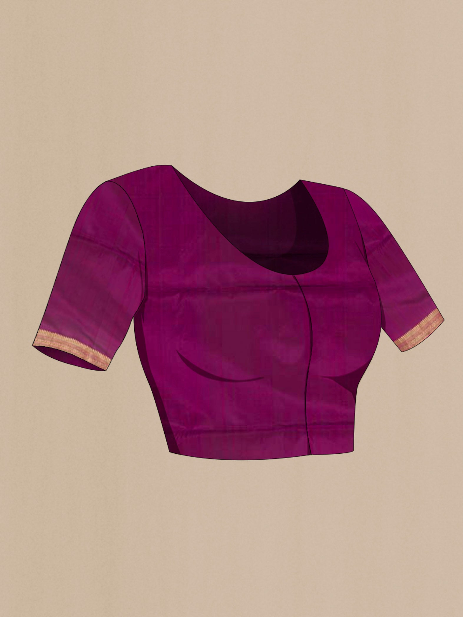 Close up image of the blouse of Pure Silk Pure Zari Purple Soft Saree with Stripes on the body and Zari Border. 
