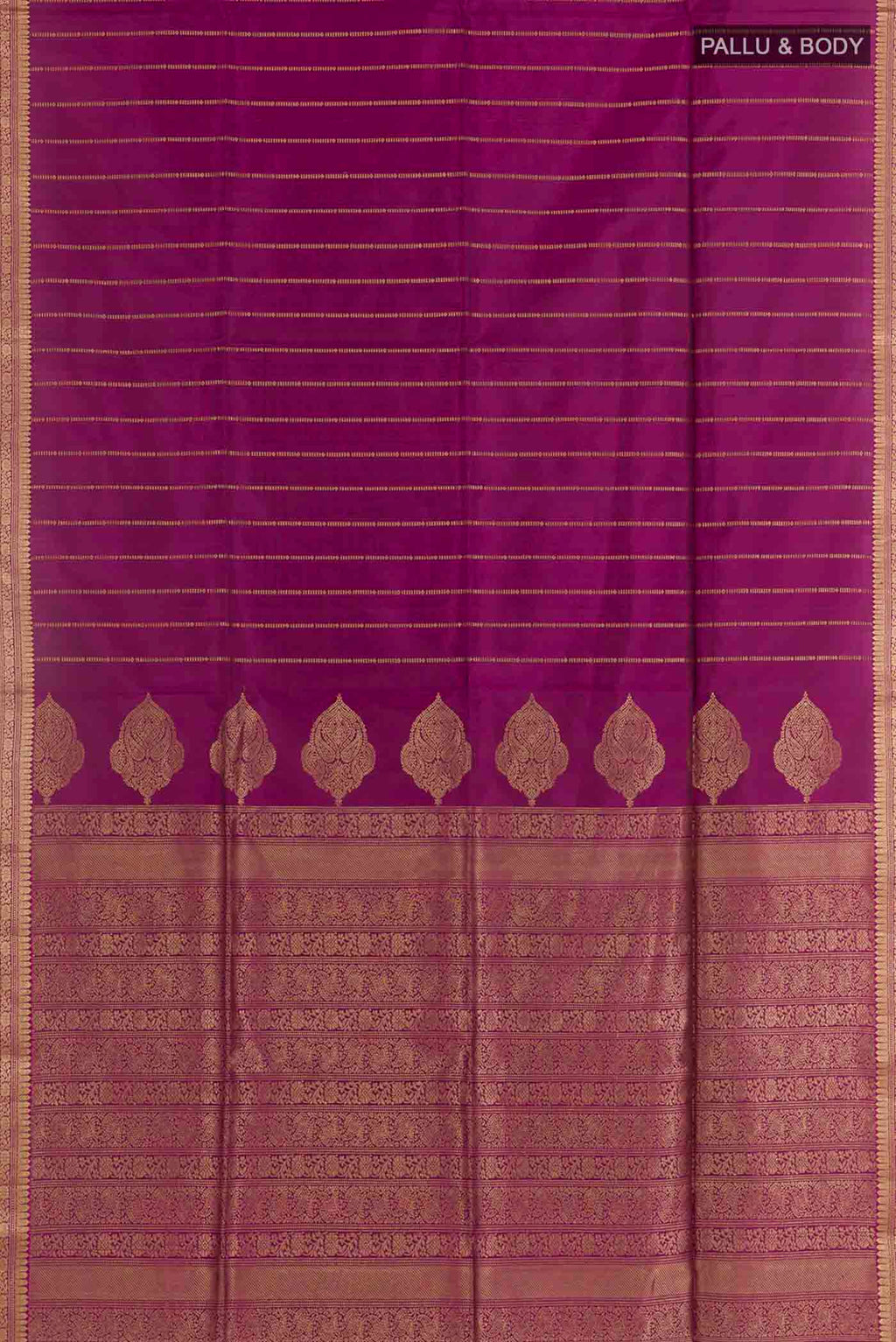 Flat view of Pure Silk Pure Zari Purple Soft Saree with Stripes on the body and Zari Border. 