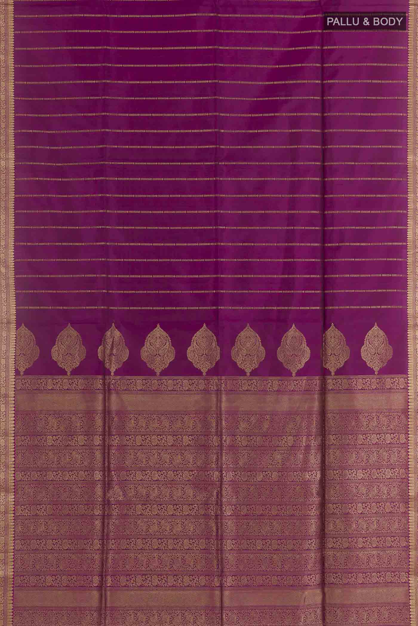 Flat view of Pure Silk Pure Zari Purple Soft Saree with Stripes on the body and Zari Border. 