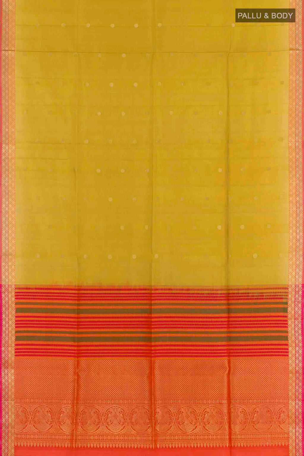 Flat view of Yellow Soft Silk Saree with Zari Butta on the body and Zari Border