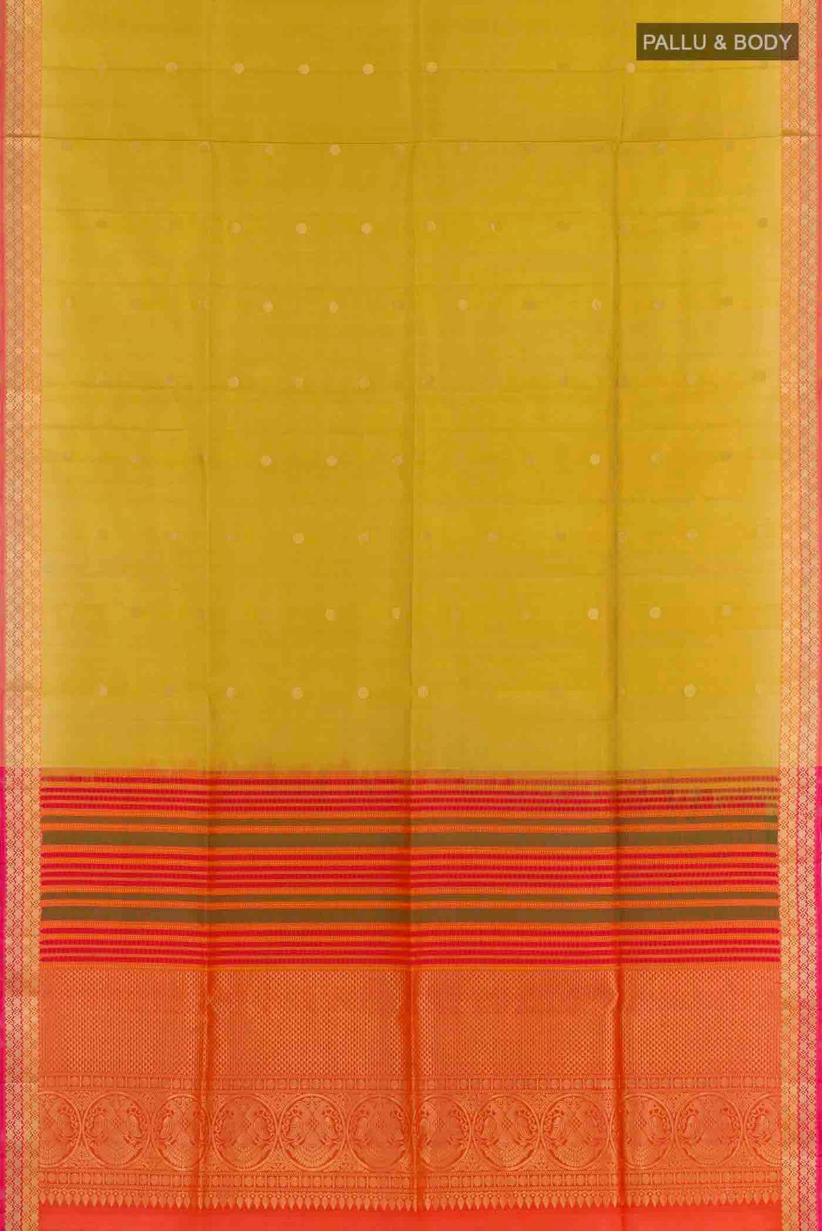 Flat view of Yellow Soft Silk Saree with Zari Butta on the body and Zari Border