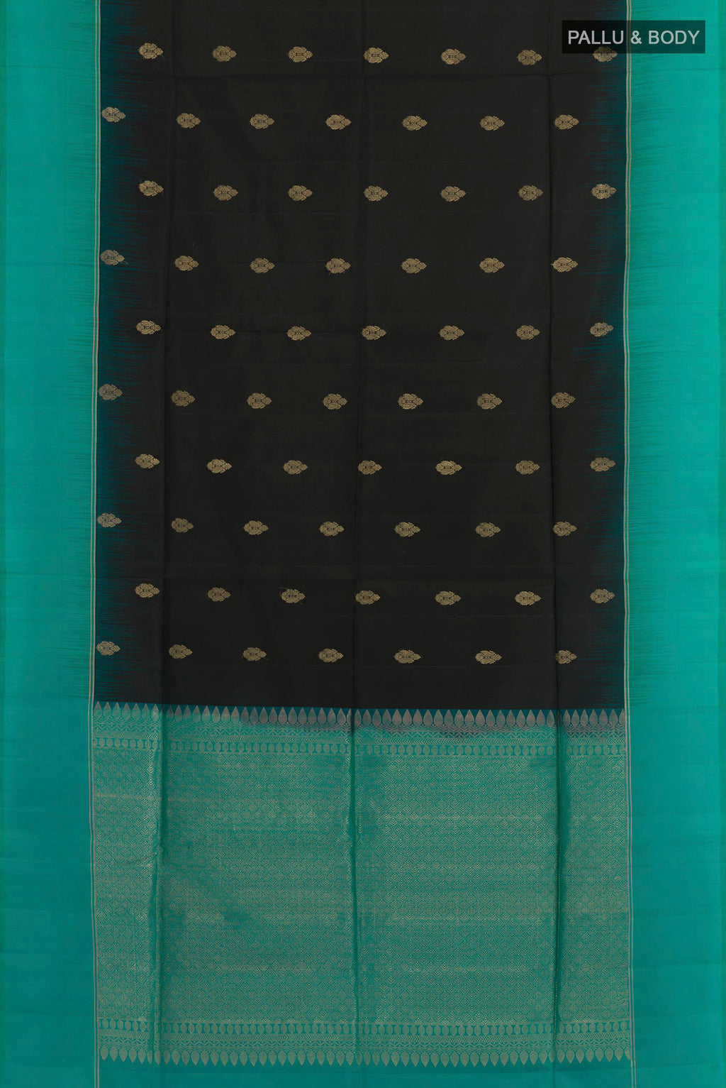 Flat view of Black Soft Silk Saree with Zari Butta on the body and Zari Border. 