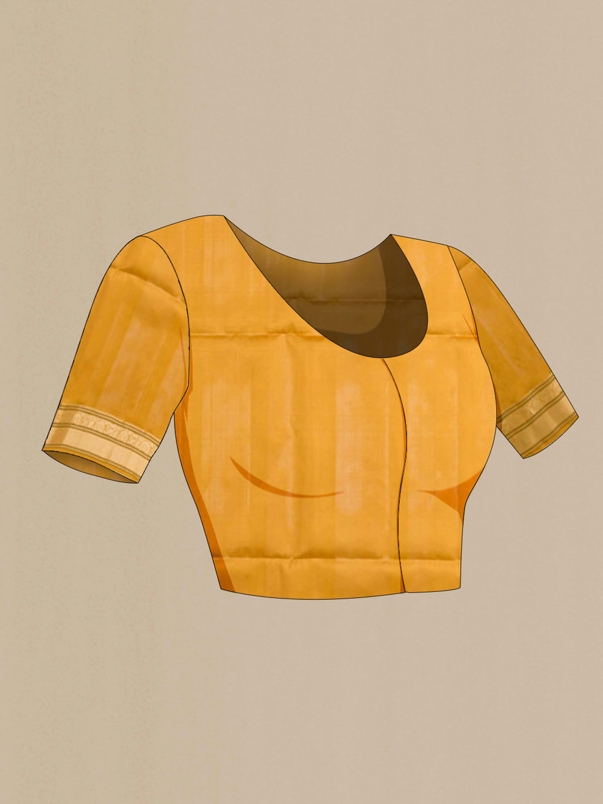 Close up image of the blouse of Mustard Soft Silk Saree with Zari Butta on the body and Zari Border