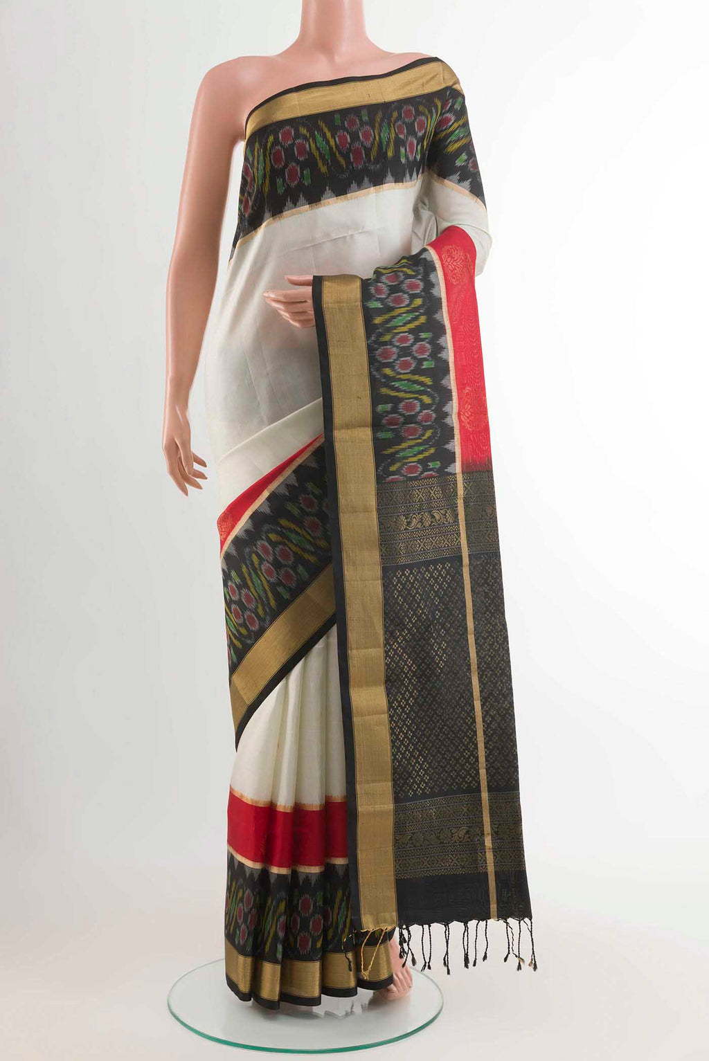 Off White Soft Silk Saree with Plain Body and Zari Border displayed on a mannequin