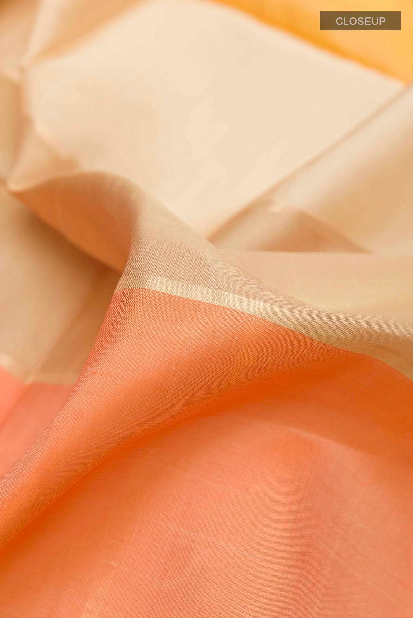Close up of Multi Color Soft Silk Saree with Stripes on the body and Zari Border displaying folds