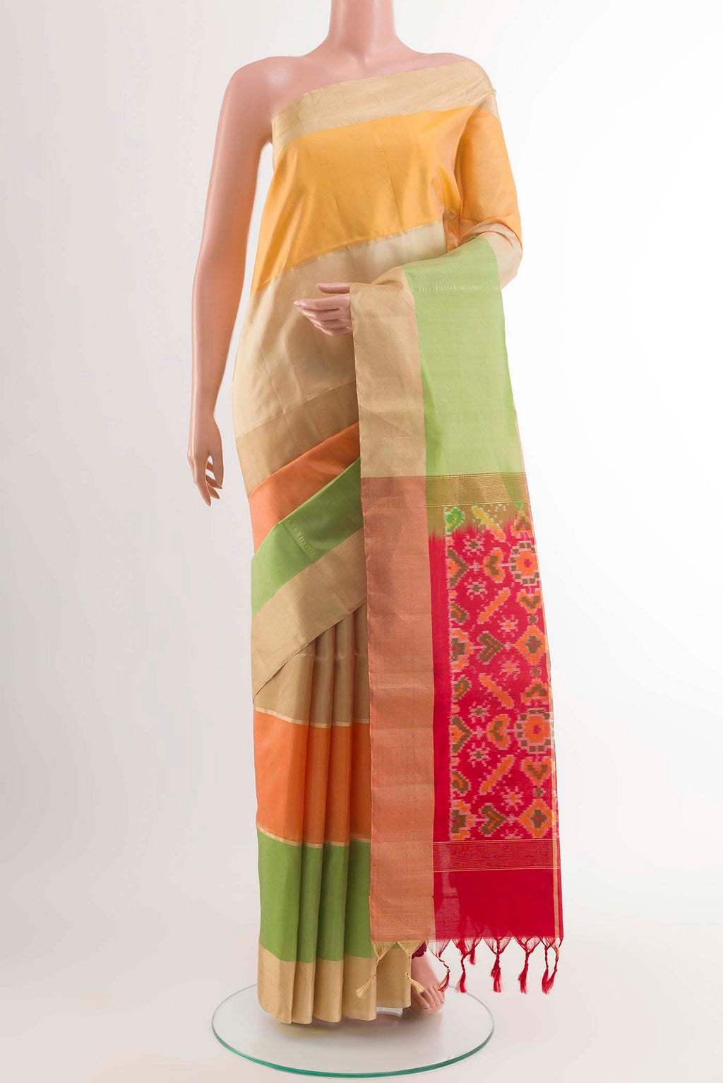Multi Color Soft Silk Saree with Stripes on the body and Zari Border displayed on a mannequin
