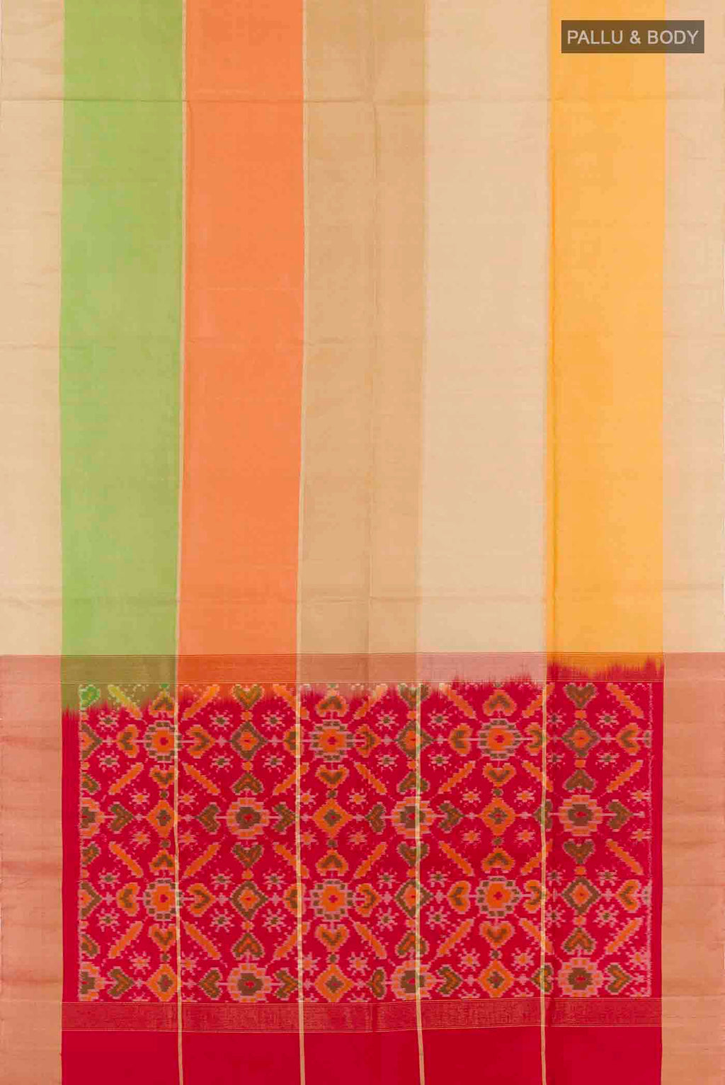 Flat view of Multi Color Soft Silk Saree with Stripes on the body and Zari Border