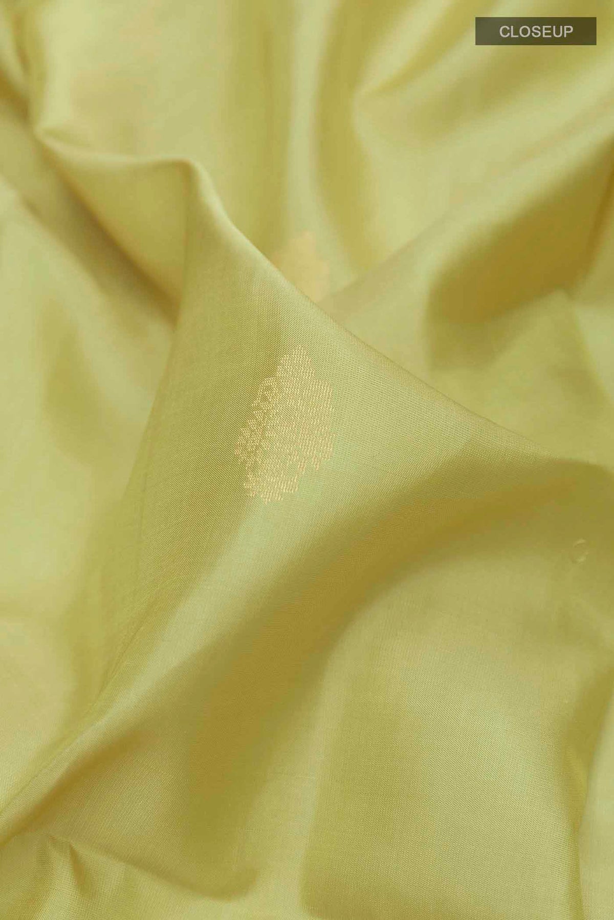Close up of Mint Green Soft Silk Saree with Zari Butta on the body and Zari Border displaying folds