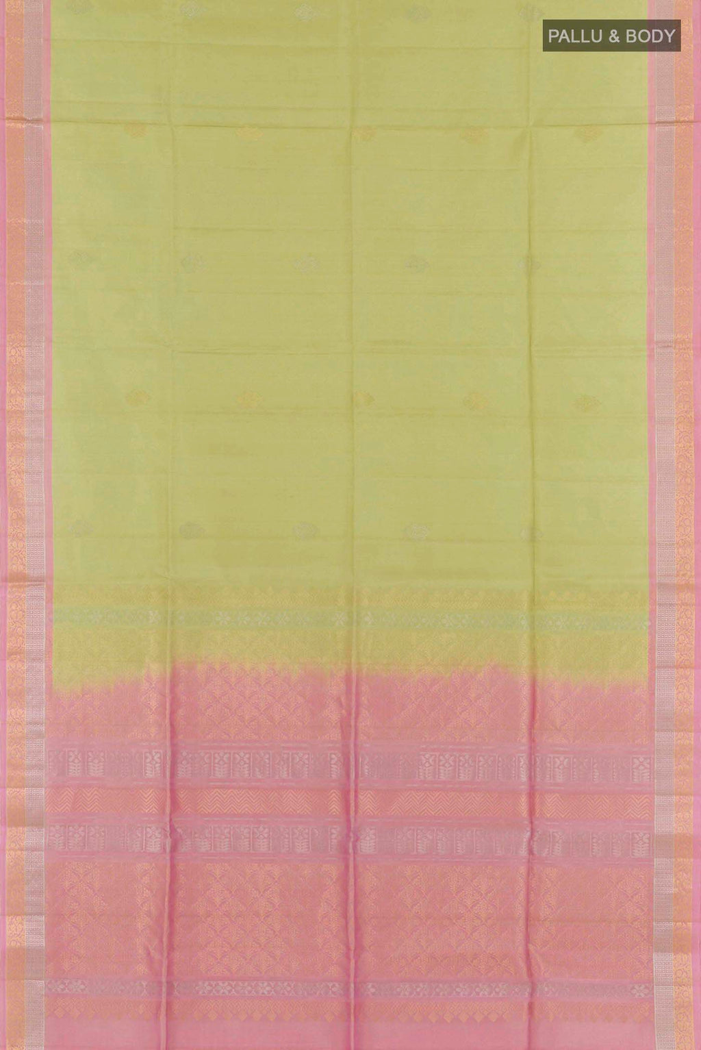 Flat view of Mint Green Soft Silk Saree with Zari Butta on the body and Zari Border
