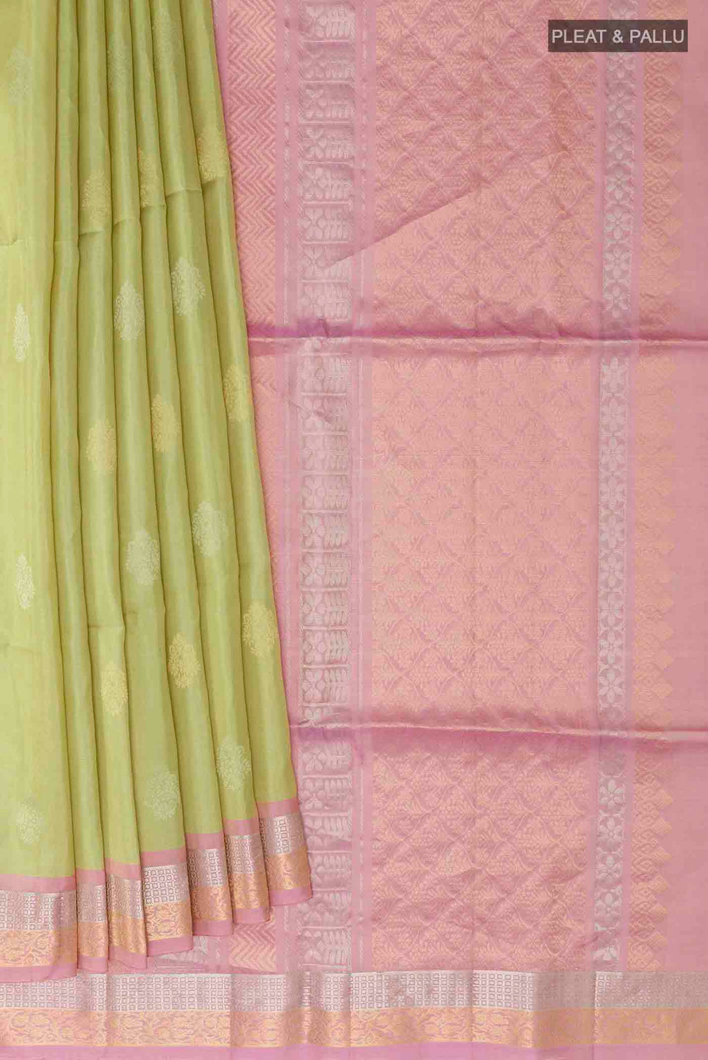 Pleats and pallu of Mint Green Soft Silk Saree with Zari Butta on the body and Zari Border