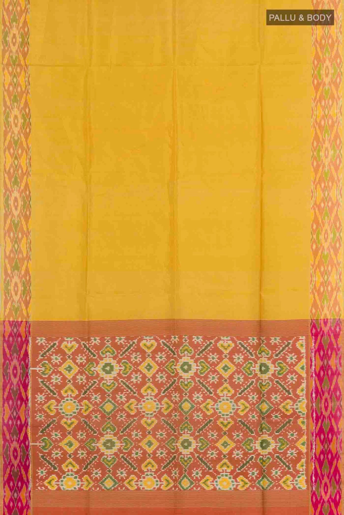 Flat view of Yellow Soft Silk Saree with Plain Body and Zari Border
