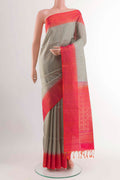 Grey Soft Silk Saree with Stripes on the body and Zari Border displayed on a mannequin