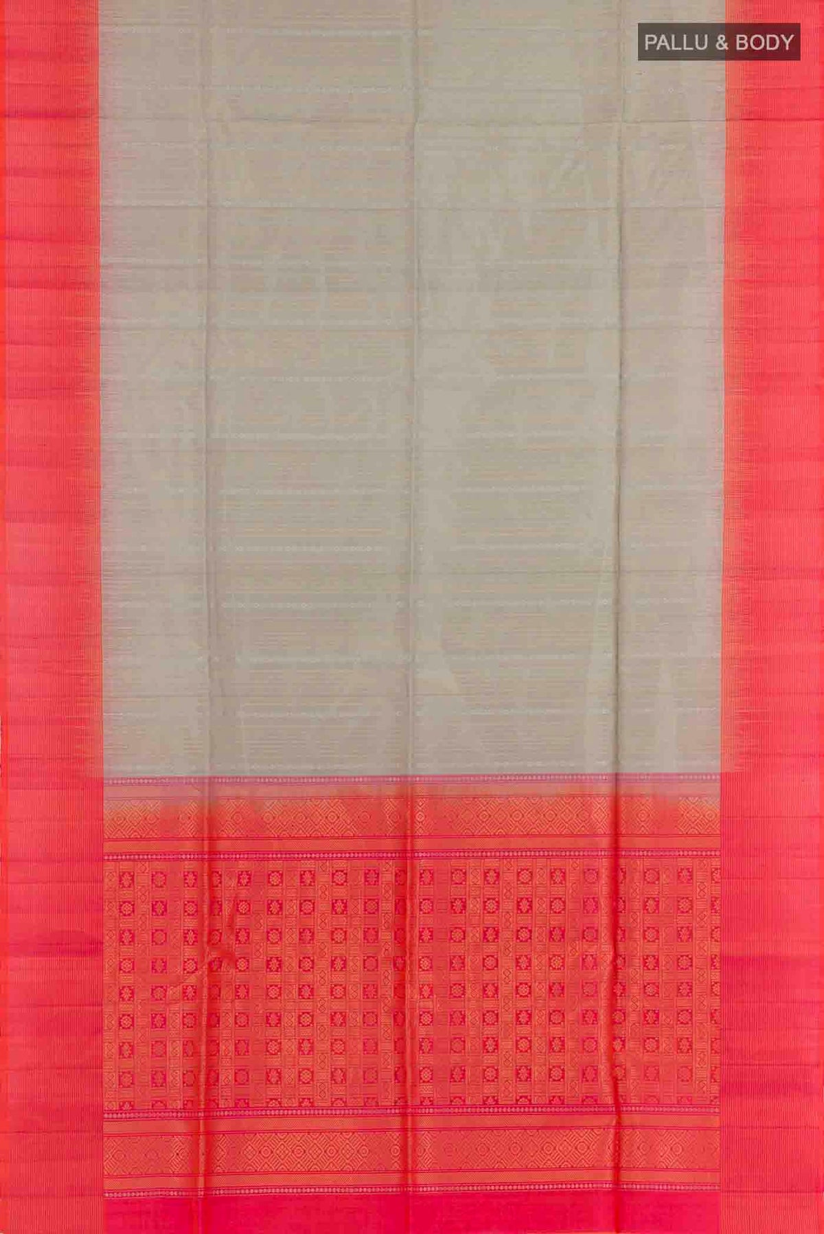 Flat view of Grey Soft Silk Saree with Stripes on the body and Zari Border