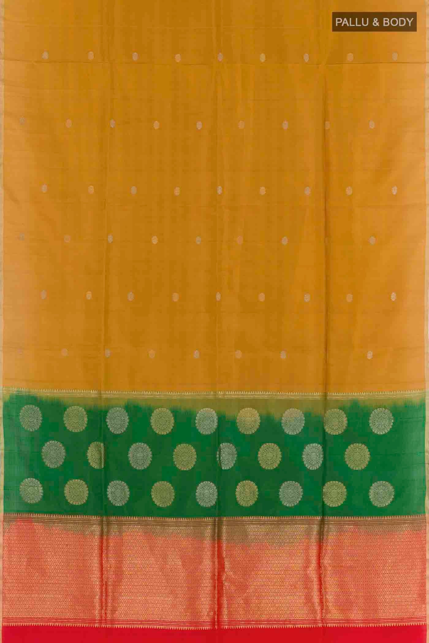 Flat view of Yellow Soft Silk Saree with Zari Butta on the body and Zari Border