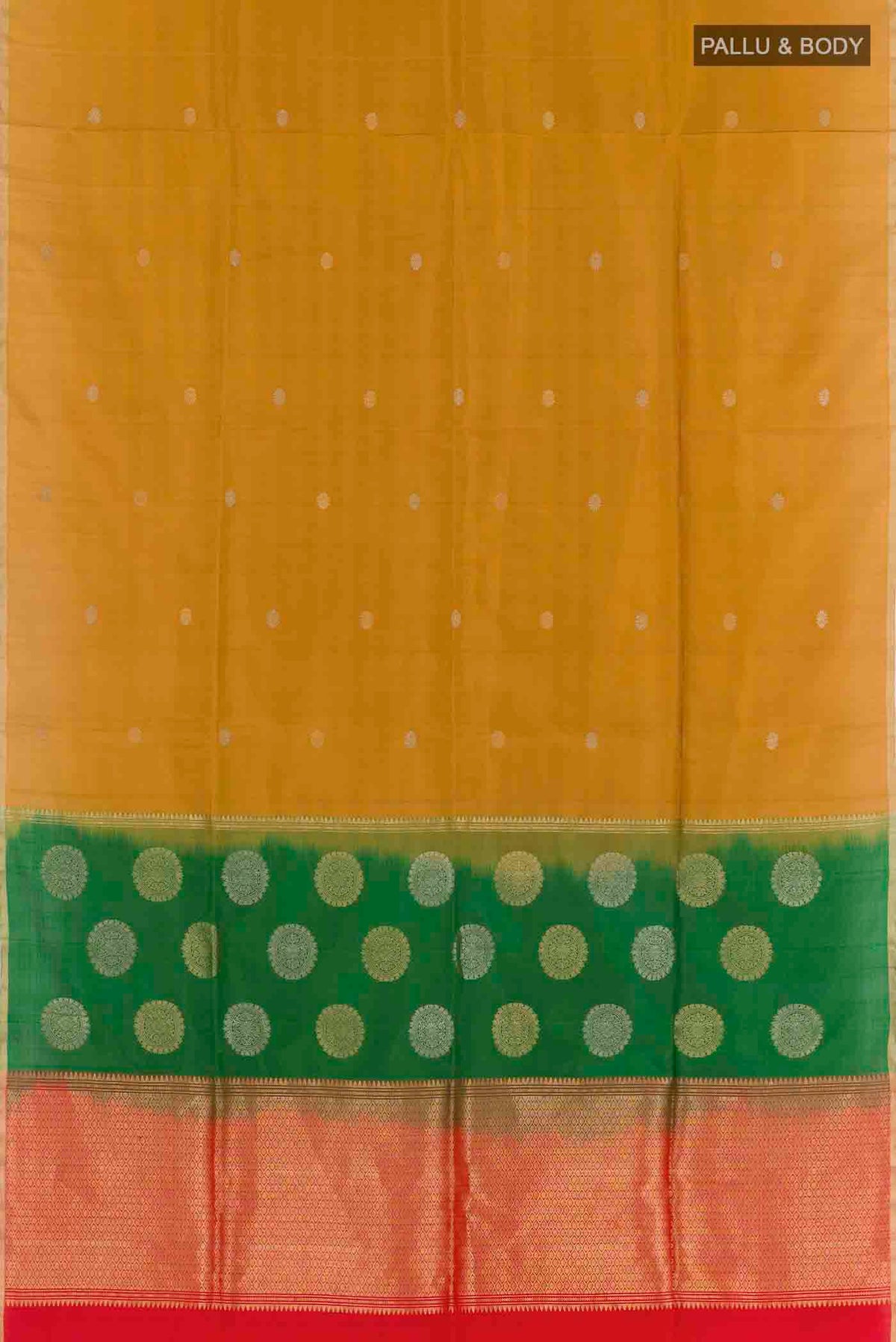 Flat view of Yellow Soft Silk Saree with Zari Butta on the body and Zari Border