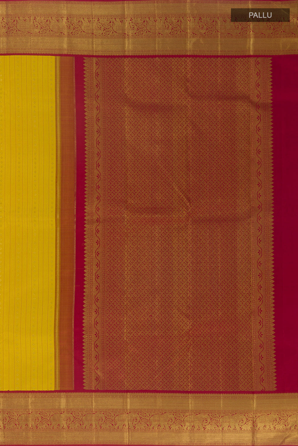 Close up image of the pallu of Yellow Kanchipuram Silk Saree with Stripes on the body and Zari Border. 