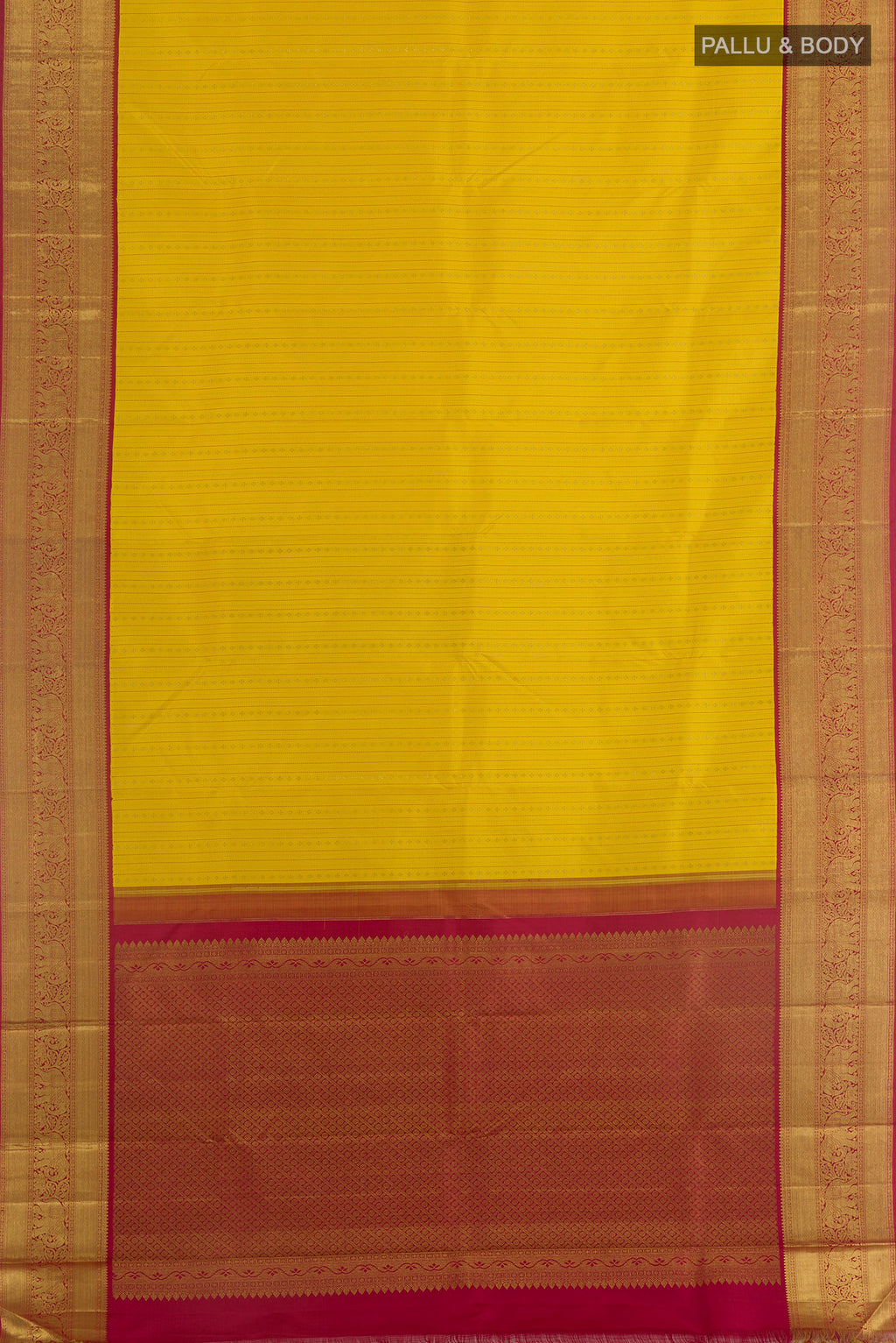 Flat view of Yellow Kanchipuram Silk Saree with Stripes on the body and Zari Border. 