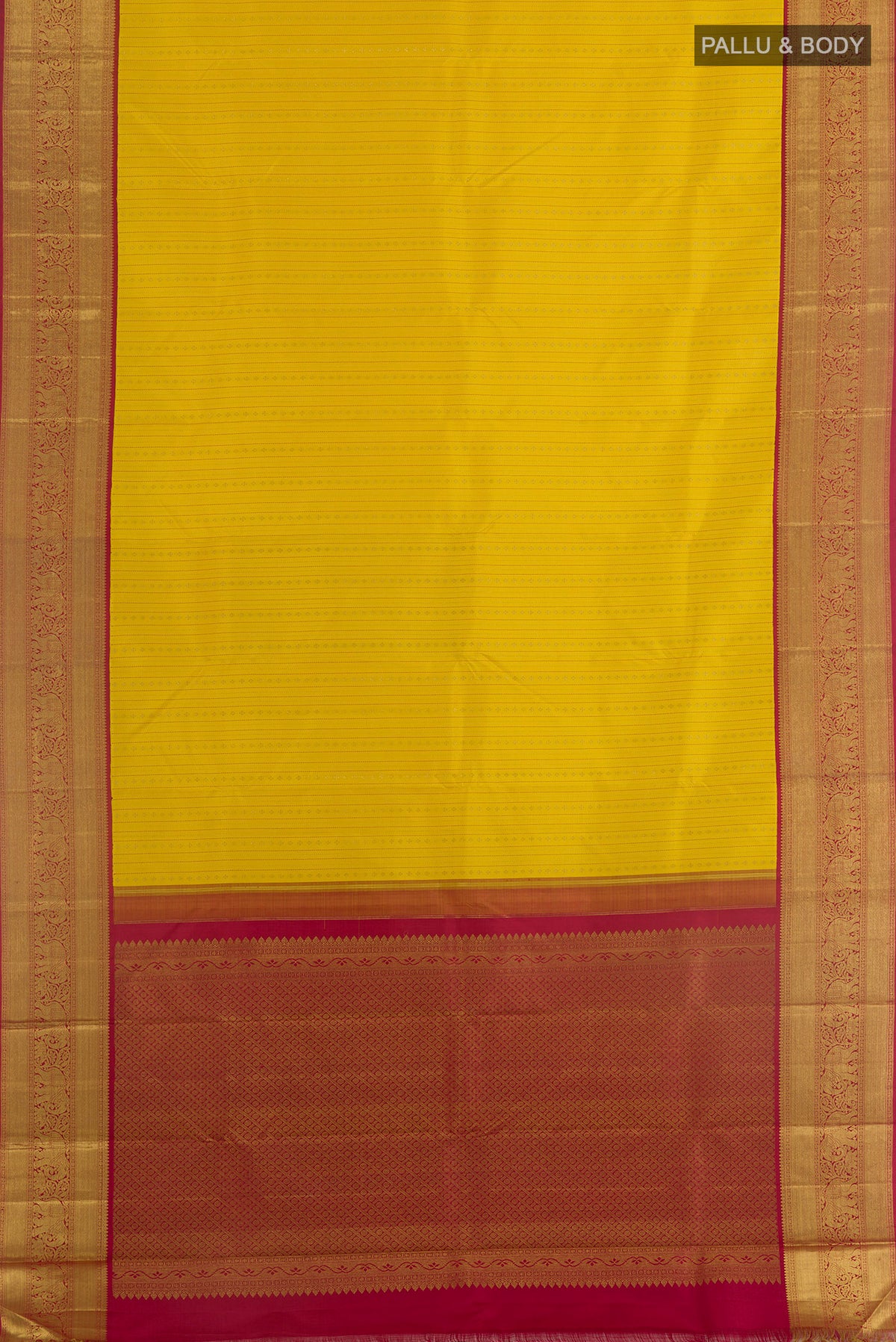 Flat view of Yellow Kanchipuram Silk Saree with Stripes on the body and Zari Border. 