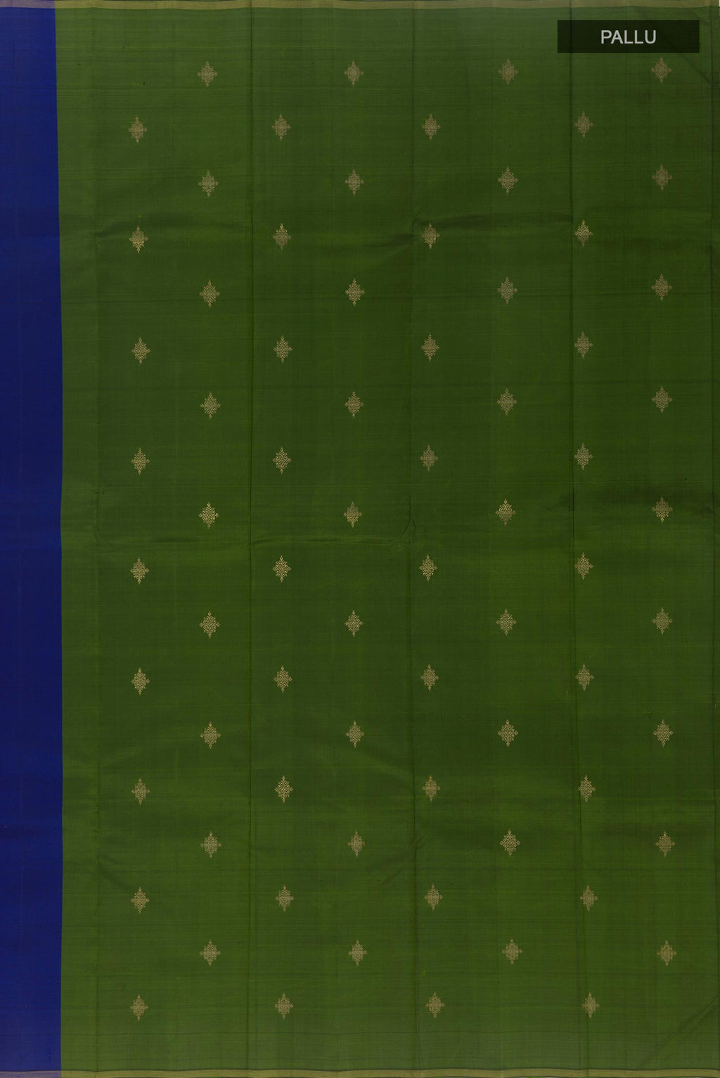 Close up image of the pallu of Blue Kanchipuram Silk Saree with Zari Butta on the body and Thin Zari Line. 