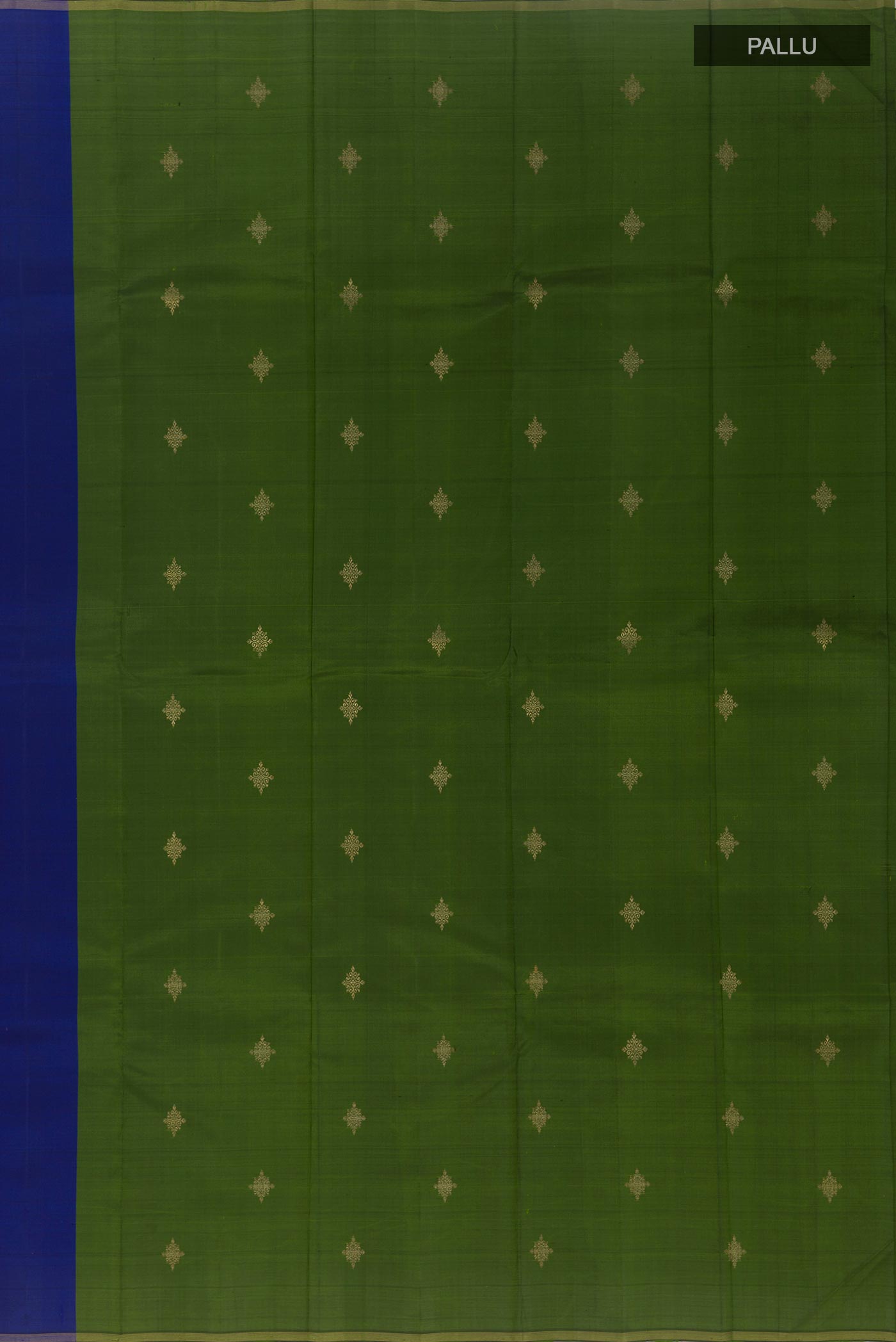Close up image of the pallu of Blue Kanchipuram Silk Saree with Zari Butta on the body and Thin Zari Line. 