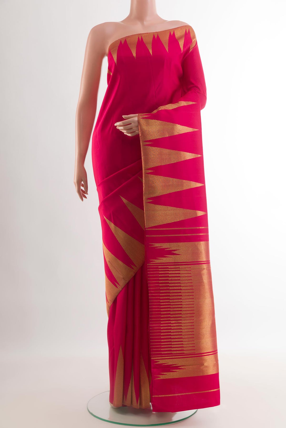 Pure Silk Pure Zari Pink Kanchipuram Saree with Plain Body and Temple Border.  displayed on a mannequin