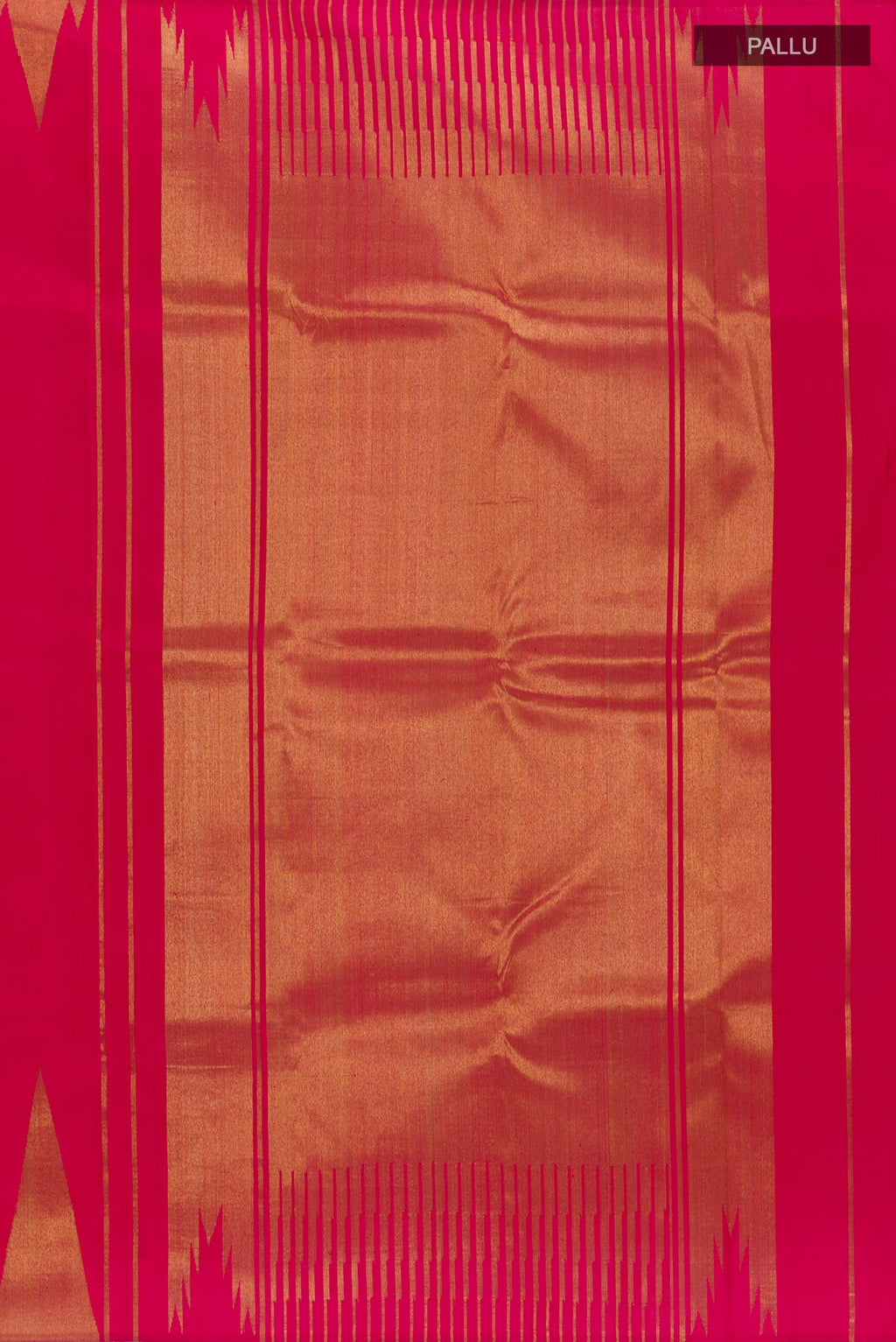 Close up image of the pallu of Pure Silk Pure Zari Pink Kanchipuram Saree with Plain Body and Temple Border. 