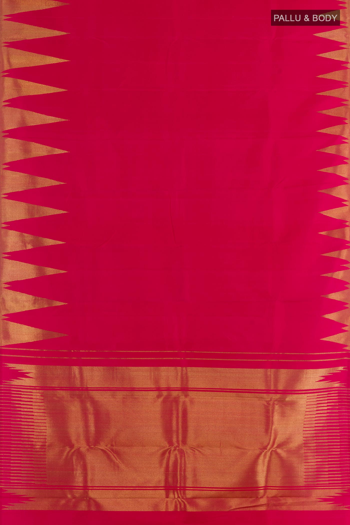 Flat view of Pure Silk Pure Zari Pink Kanchipuram Saree with Plain Body and Temple Border. 