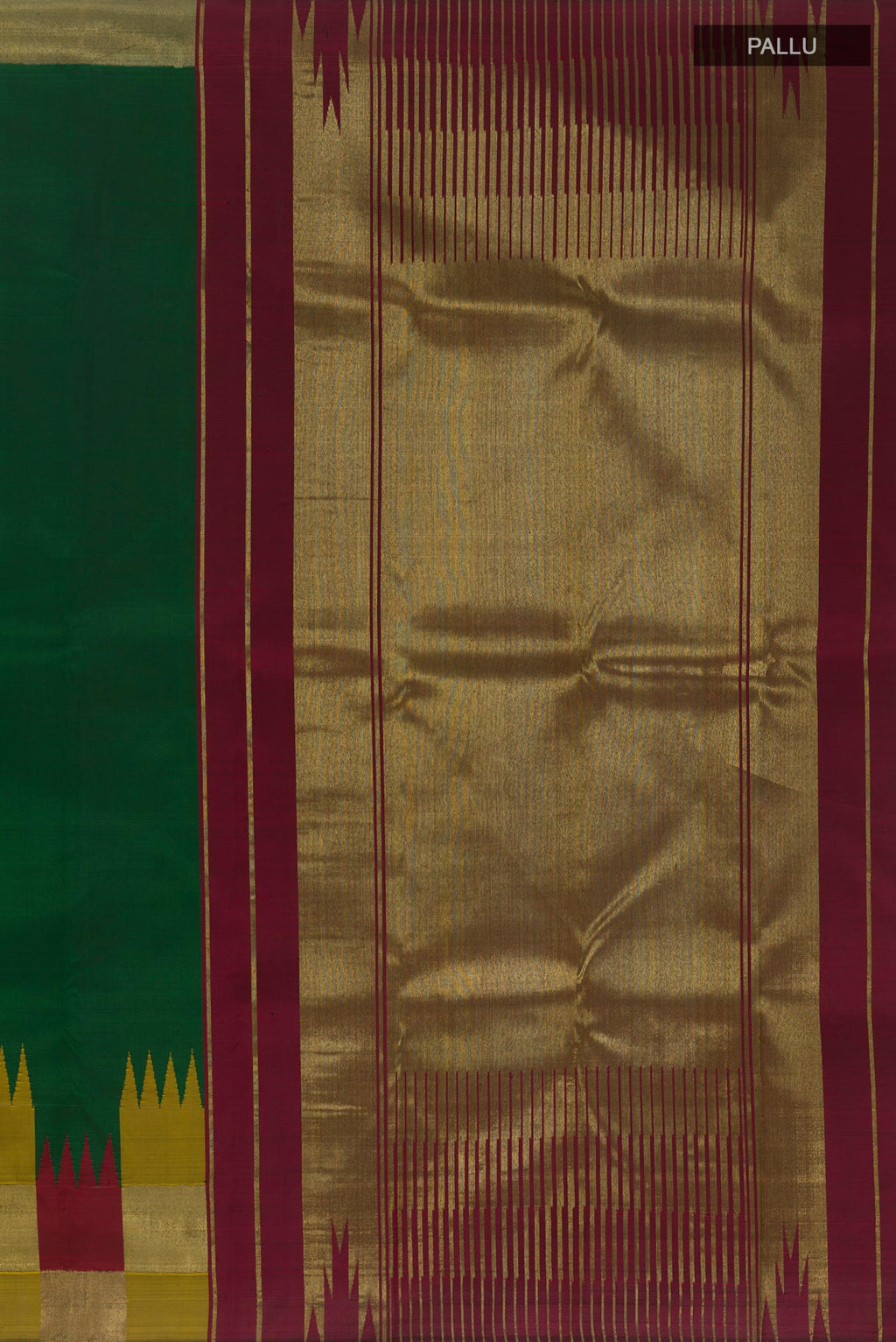 Close up image of the pallu of Green Kanjivaram Silk Saree with Plain Body and Zari Border. 