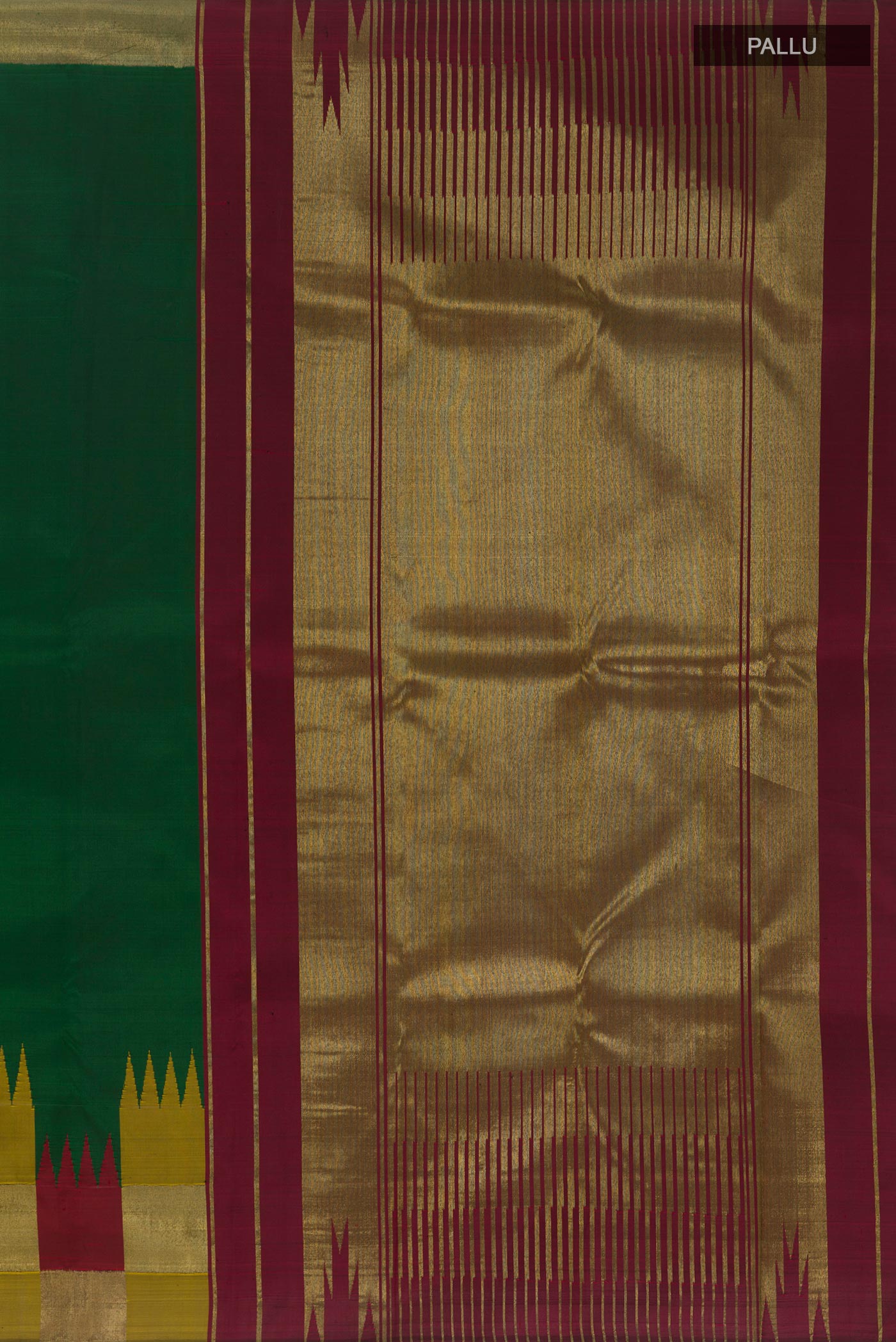 Close up image of the pallu of Green Kanjivaram Silk Saree with Plain Body and Zari Border. 